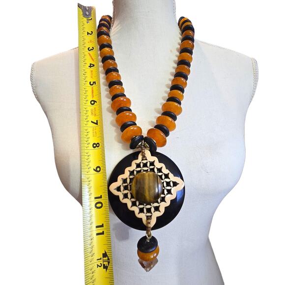 Chico's Statement Necklace Chunky Beads Tiger Eye Pendant 20 Inch Boho Jewelry - Picture 3 of 8